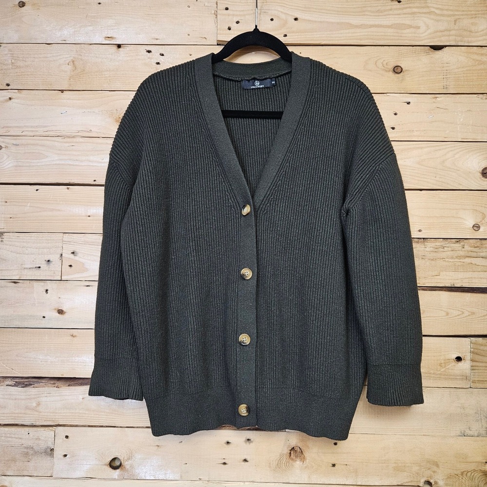 LILLUSORY Womens Olive Green Ribbed Knit Oversized V-Neck Cardigan Small
